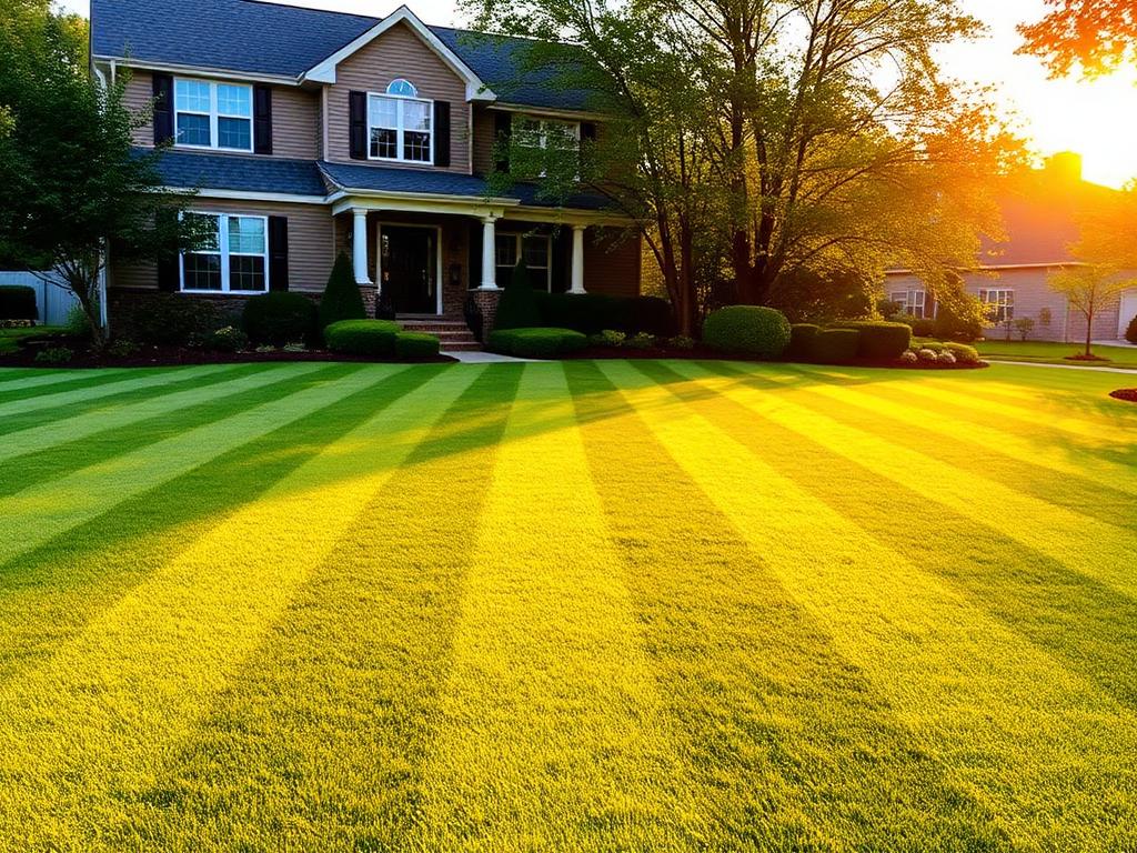 Striped suburban lawn at golden hour