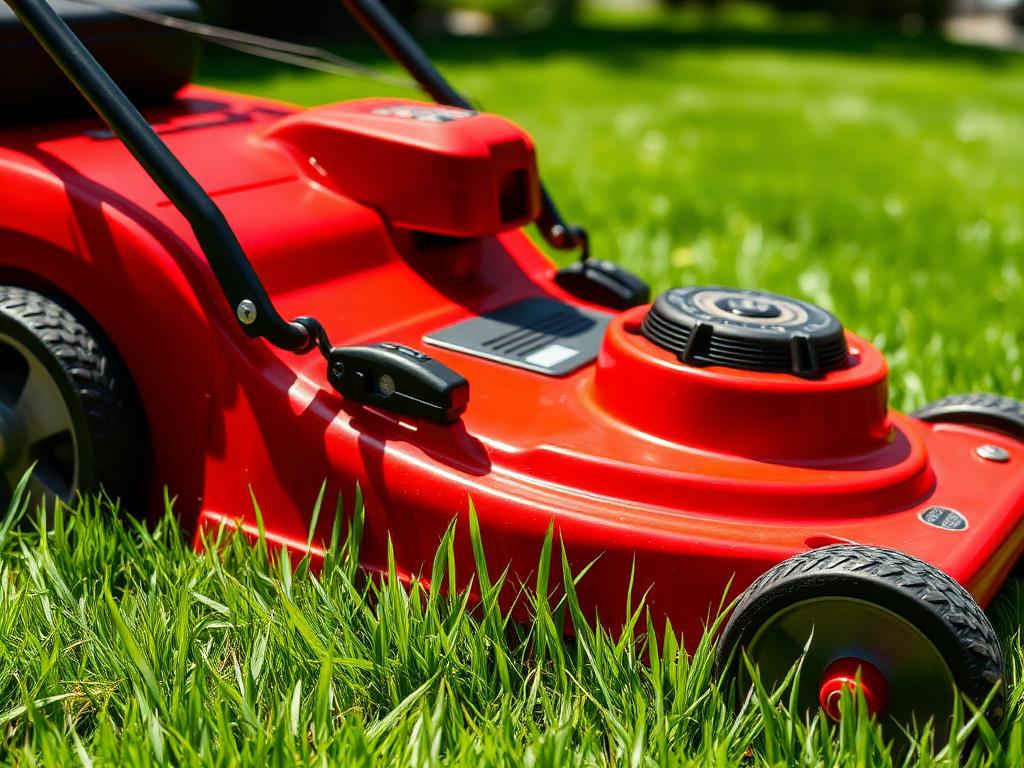 Lawn mower cutting fresh green grass