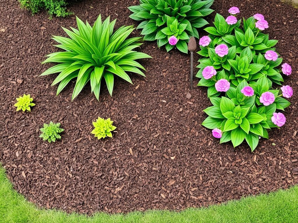 Freshly mulched garden bed with flowers